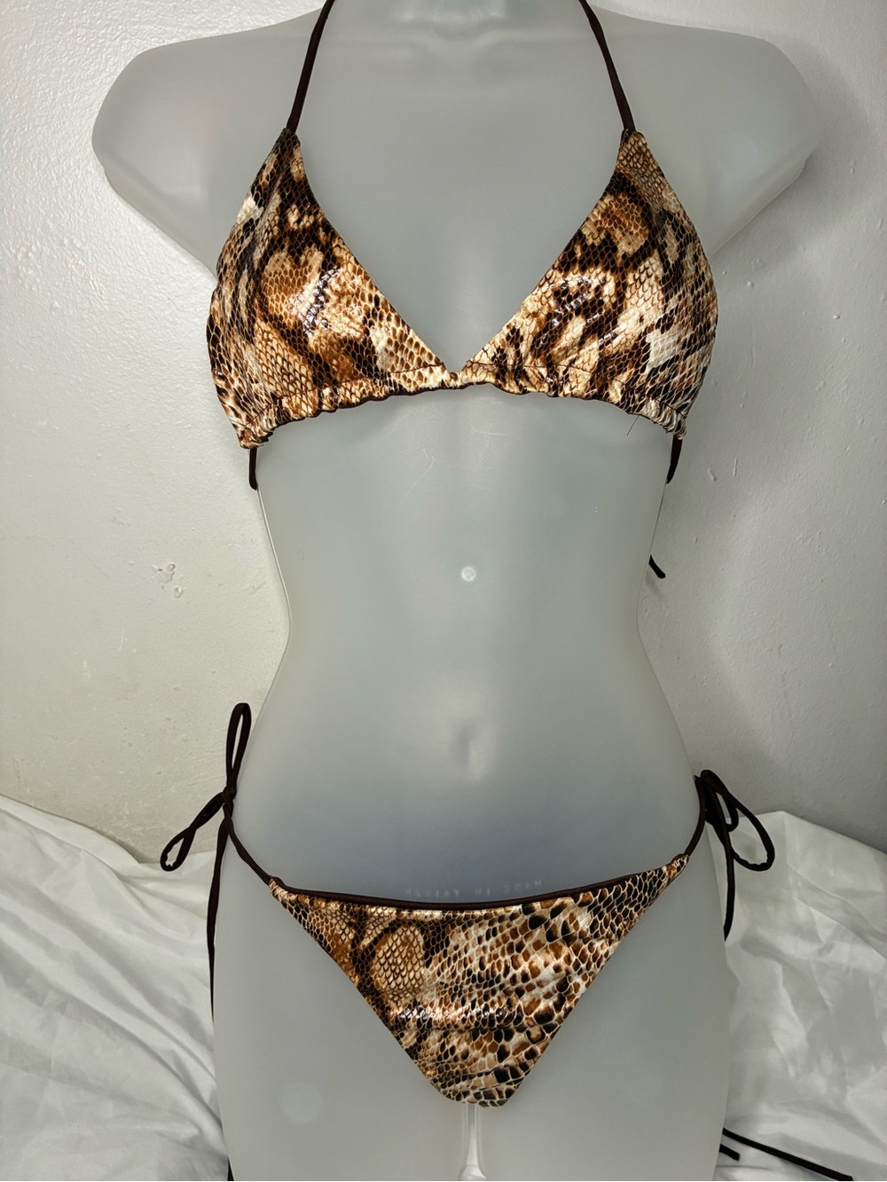 Women's Snake-Print Triangle Bikini Set in Brown